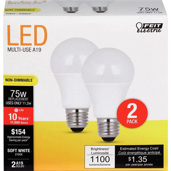 Feit A1100/827/10KLED/2 Non-Dimmable A19 LED Bulb Soft White 11.2W 2-Pack