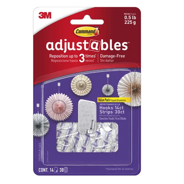 3M 17830CLR-14ES Command Adjustable Hooks Clear Damage-Free Hanging Solution