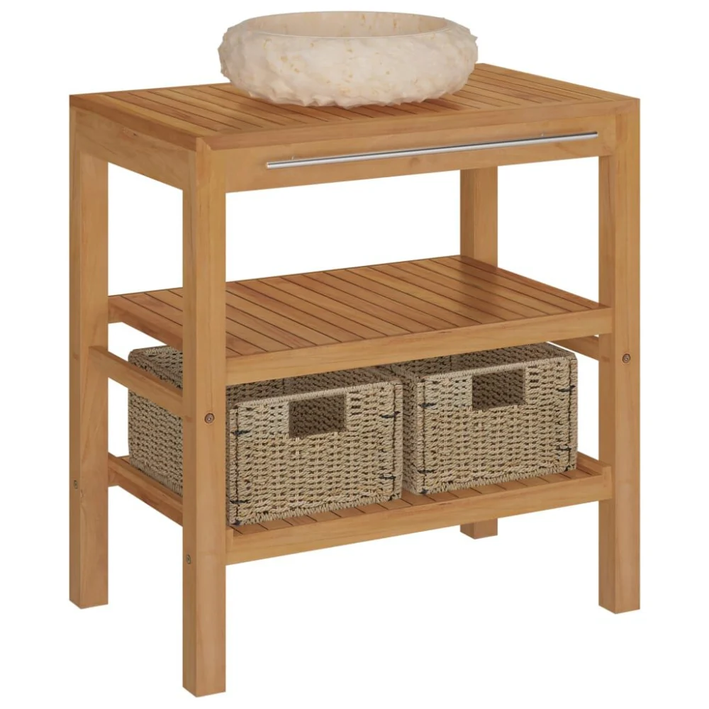 Bathroom Vanity Cabinet Solid Teak with Sink Marble Cream Storage