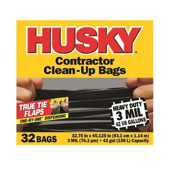 Husky HC42WC032B Clean-Up Trash Bag Black 42 Gallon Heavy Duty Contractor Bags