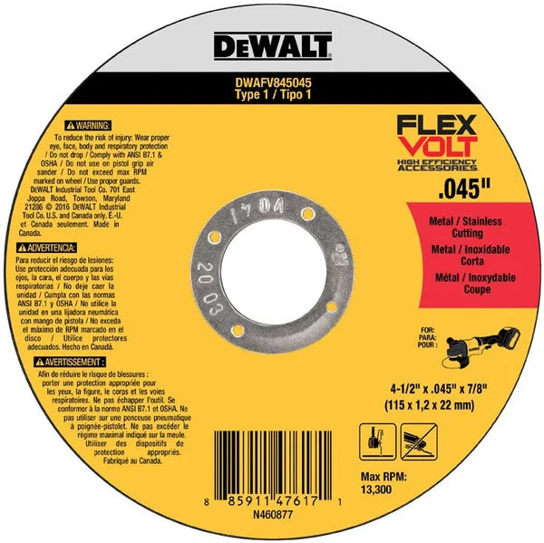 DeWalt DWAFV845045B5 Flexvolt Cutting Wheel 4-1/2 x .045 x 7/8 Inch 5 Pack