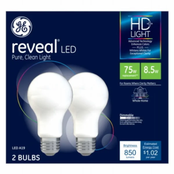 GE Reveal HD+ 8.5W LED Light Bulbs 46656 Bright White 60W Equivalent A19 Bulbs 2-Pack