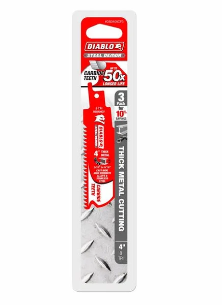 Diablo DS0408CF3 Steel Demon Carbide Reciprocating Blades 4 Inch 8 TPI 3-Pack for Thick Metal Cutting