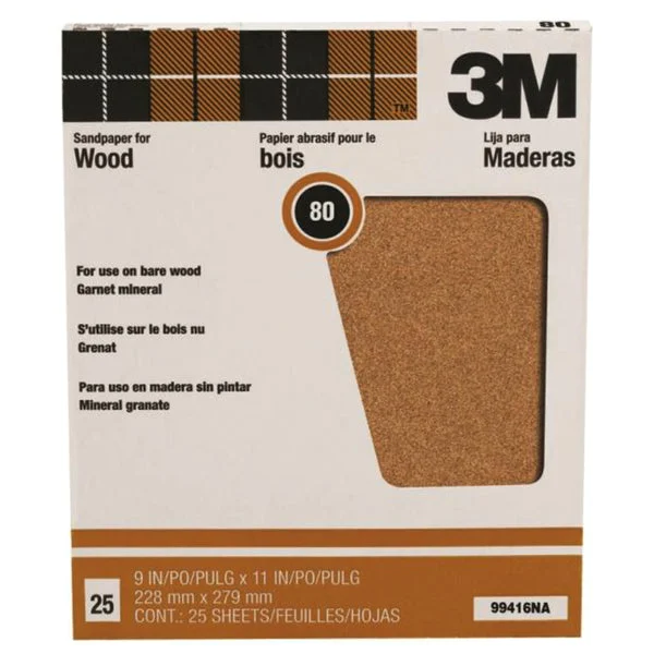 3M 99416 Pro-Pak Garnet Sand Paper 80 Grit 9x11 Inch 25-Pack Heavy Duty Sanding Sheets