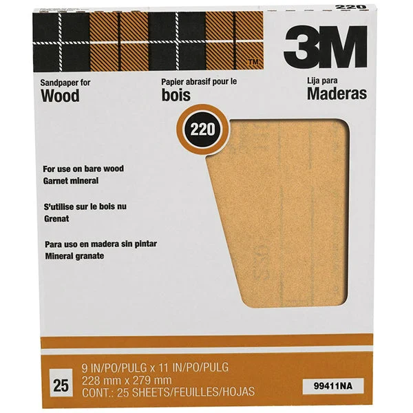 3M Pro-Pak Surface Preparation Sand Paper 220 Grit 11x9 Inches 25-Pack 99411