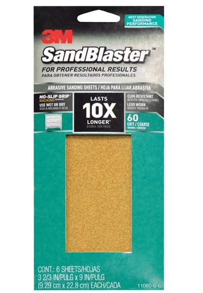 3M 11060-G-6 SandBlaster Sandpaper 60 Grit 9x3-2/3 Inch with No Slip Grip Backing