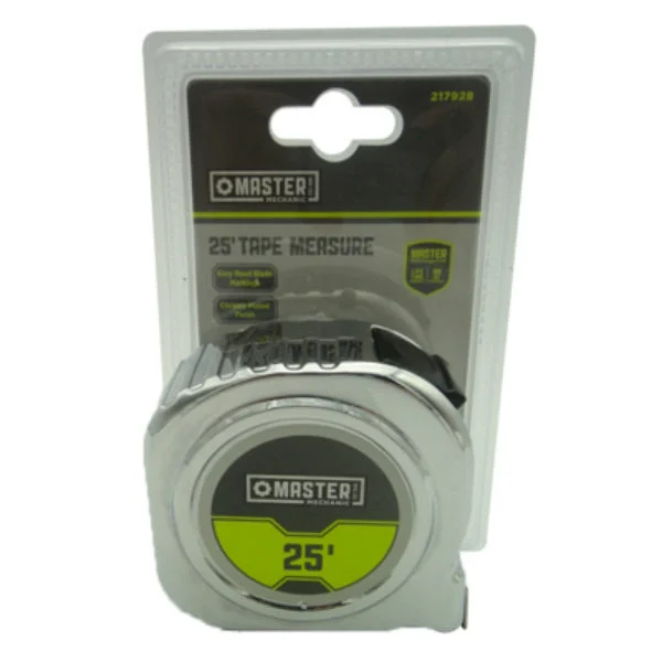 Master Mechanic Tape Measure with Belt Clip & Chrome Case 1 Inch x 25 Feet