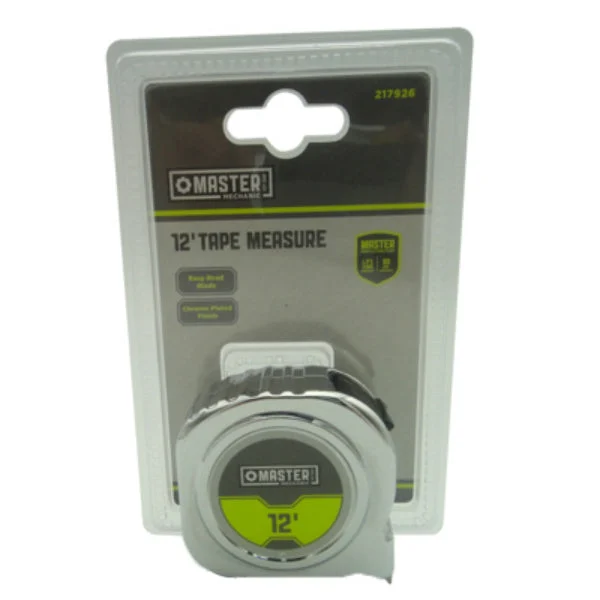 Master Mechanic Tape Measure with Belt Clip & Chrome Case 5/8 Inch x 12 Feet