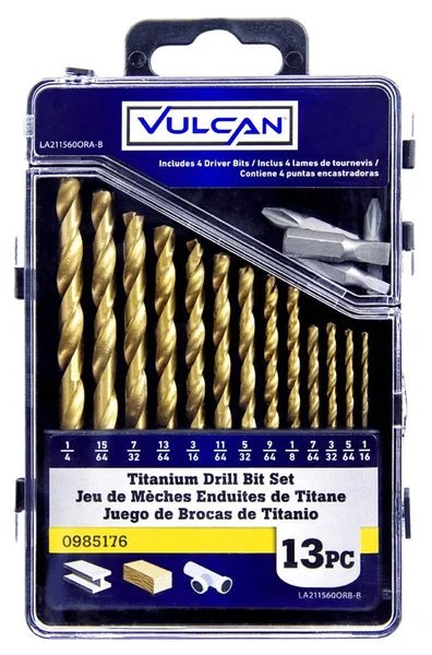 Vulcan 211560OR Titanium 3-Flat Shank Drill Bit Set 1/16" to 1/4" 13-Piece