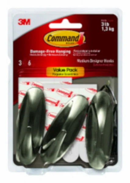 Command 17081BN-3ES Designer Medium Hook Brushed Nickel 3 Pack Wall Hooks